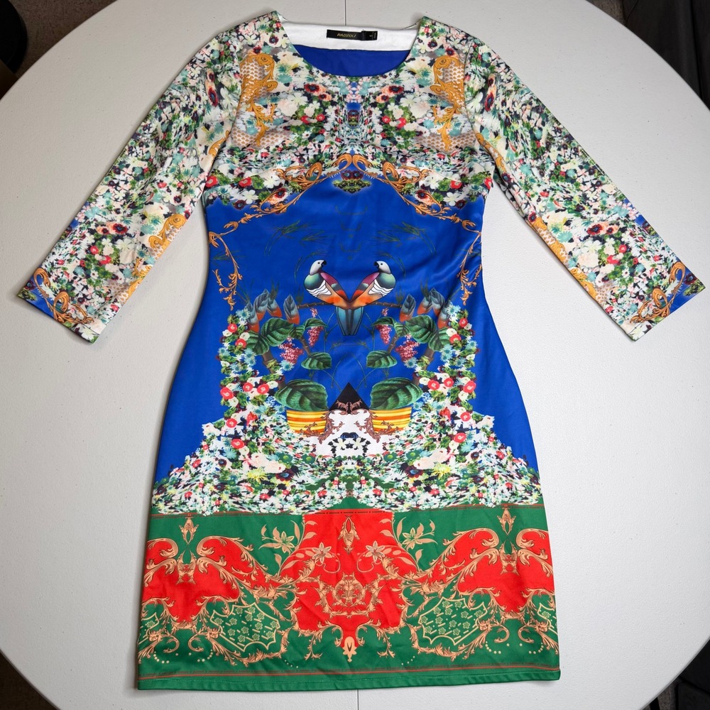 Radzoli Womens Small Blue Floral Bird Baroque Print Wool Blend Long Sleeve Dress